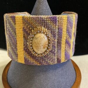 Awesome hand beaded & colorful  woven wide cuff bracelet w/polished stone center